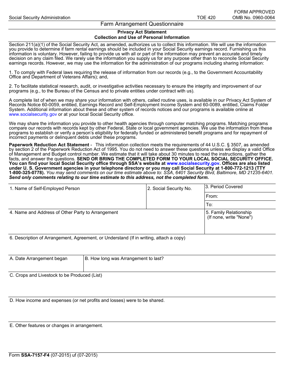 Form SSA-7157-F4 Farm Arrangement Questionnaire, Page 1
