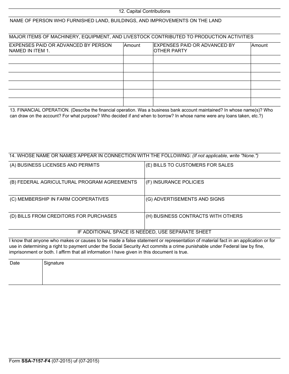 Form SSA-7157-F4 Farm Arrangement Questionnaire, Page 4