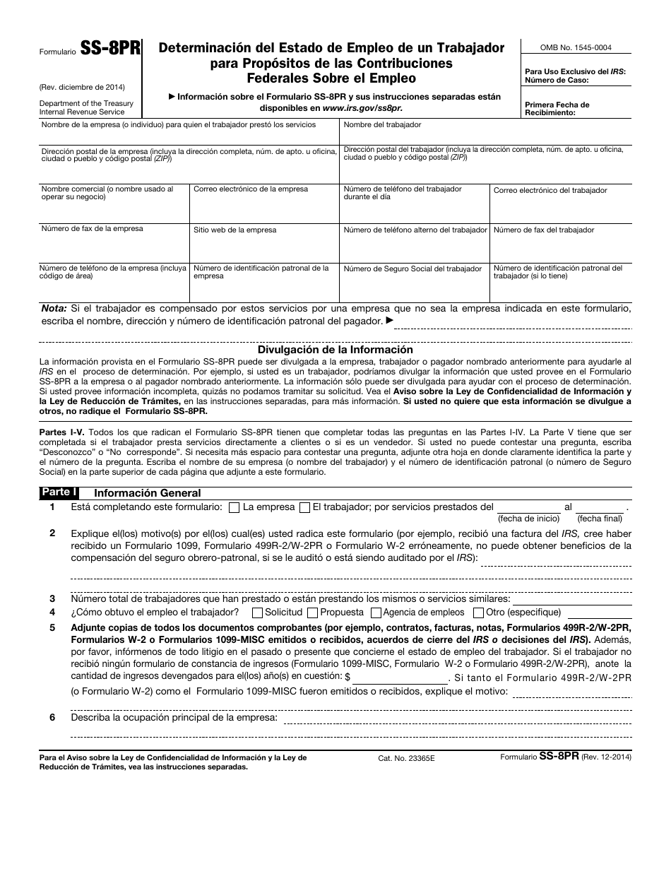 IRS Formulario SS-8PR Determinacion Del Estado De Empleo De Un Trabajador Para Propositos De Las Contribuciones Federales Sobre El Empleo (Puerto Rican Spanish), Page 1