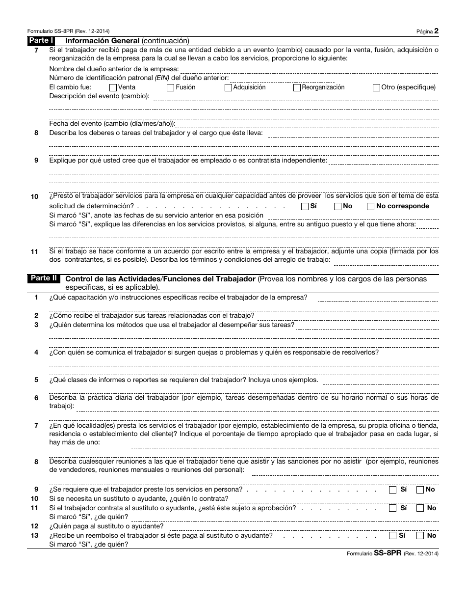 IRS Formulario SS-8PR Determinacion Del Estado De Empleo De Un Trabajador Para Propositos De Las Contribuciones Federales Sobre El Empleo (Puerto Rican Spanish), Page 2