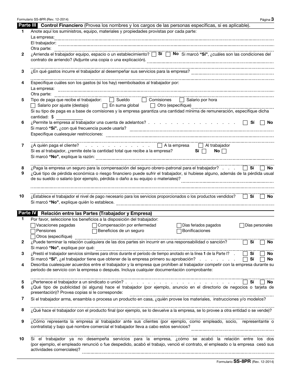 IRS Formulario SS-8PR Determinacion Del Estado De Empleo De Un Trabajador Para Propositos De Las Contribuciones Federales Sobre El Empleo (Puerto Rican Spanish), Page 3