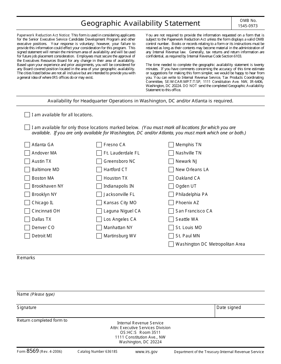 IRS Form 8569 Geographic Availability Statement, Page 1