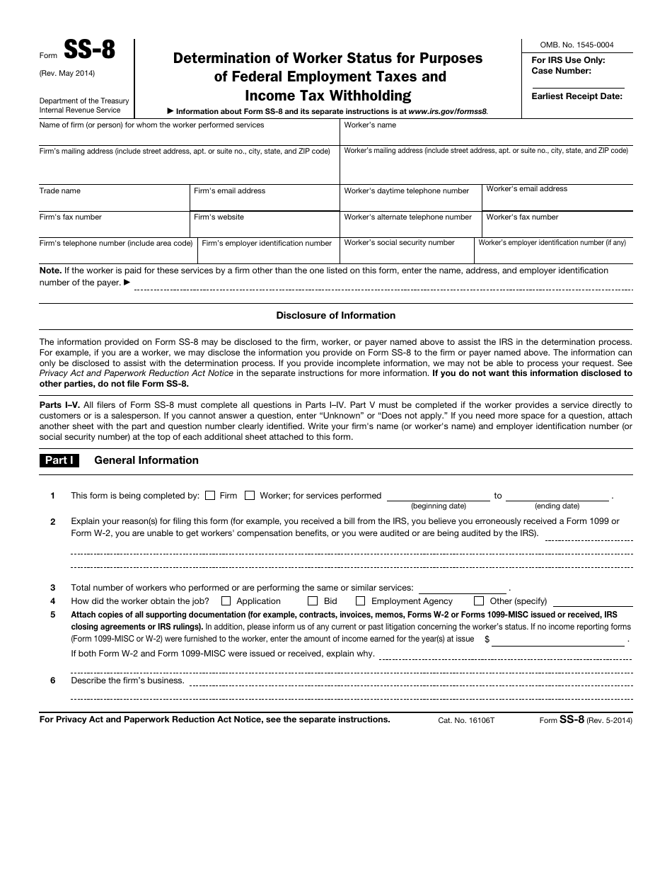 IRS Form SS-8 Determination of Worker Status for Purposes of Federal Employment Taxes and Income Tax Withholding, Page 1