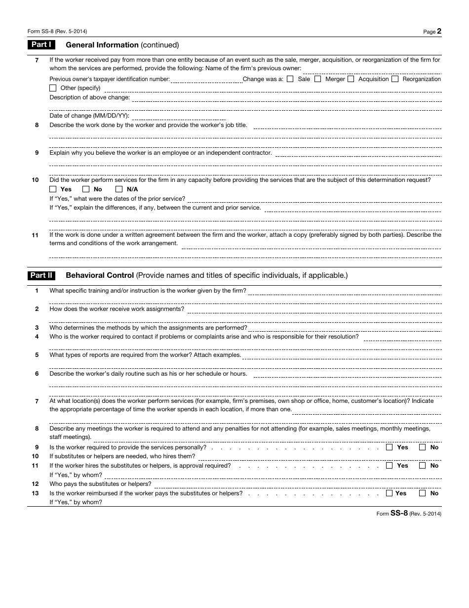 IRS Form SS-8 Determination of Worker Status for Purposes of Federal Employment Taxes and Income Tax Withholding, Page 2