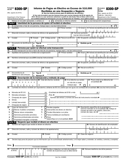 IRS Formulario 8300-SP (FinCEN Form 8300-SP)  Printable Pdf