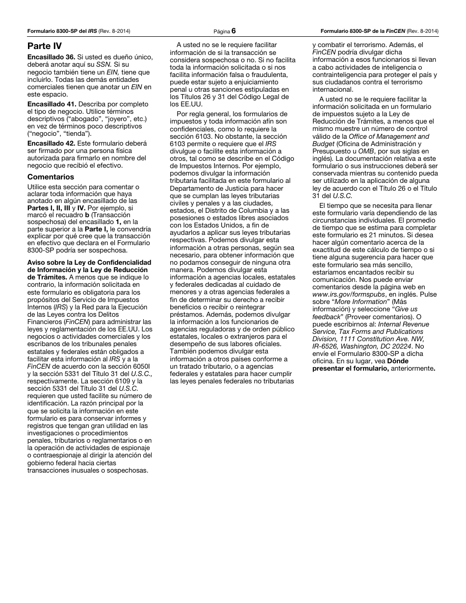 IRS Formulario 8300-SP (FinCEN Form 8300-SP) Informe De Pagos En Efectivo En Exceso De 10,000 Recibidos En Una Ocupacion O Negocio (Spanish), Page 6