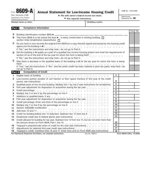 IRS Form 8609-A  Printable Pdf