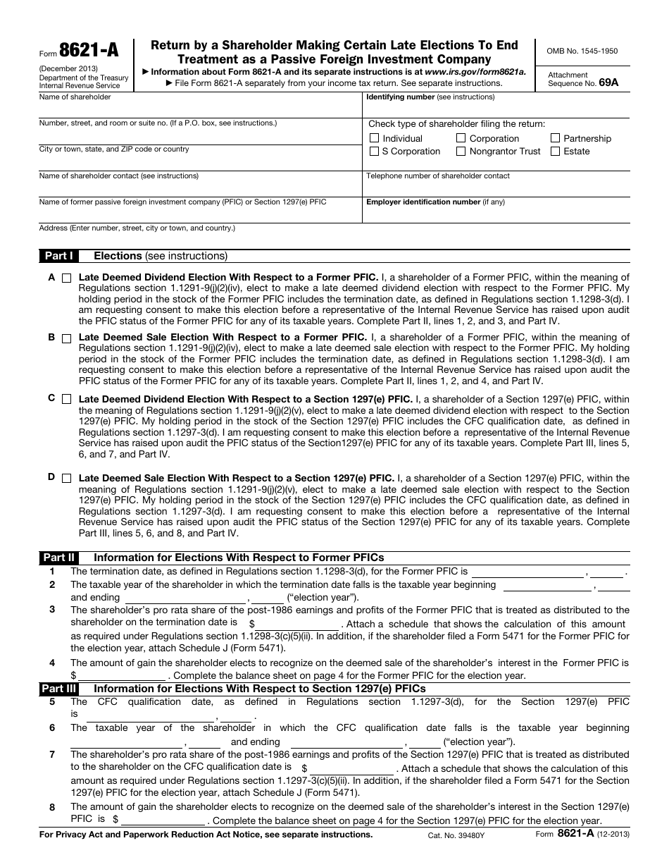 IRS Form 8621-A Return by a Shareholder Making Certain Late Elections to End Treatment as a Passive Foreign Investment Company, Page 1