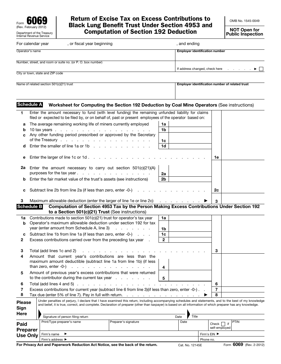 IRS Form 6069 Return of Excise Tax on Excess Contributions to Black Lung Benefit Trust Under Section 4953 and Computation of Section 192 Deduction, Page 1