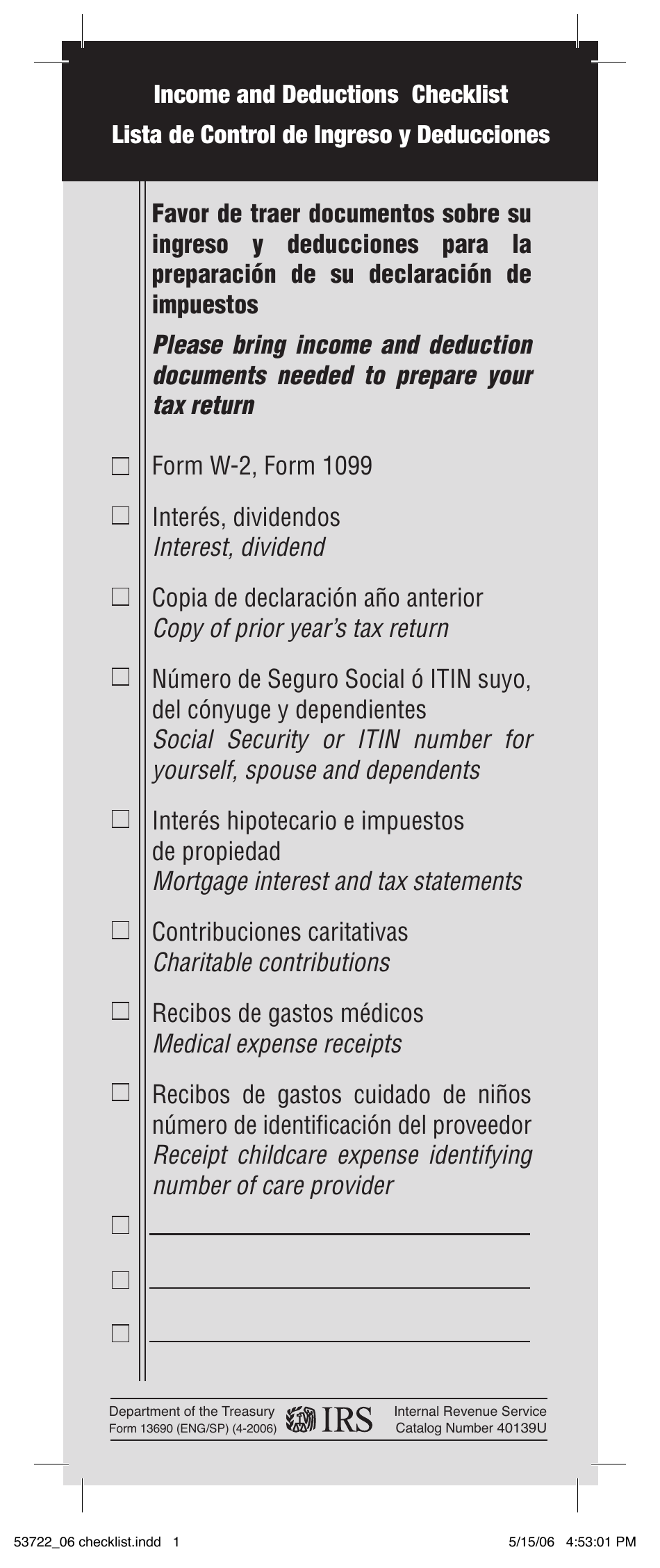 IRS Form 13690 Income and Deductions Checklist (English / Spanish), Page 1