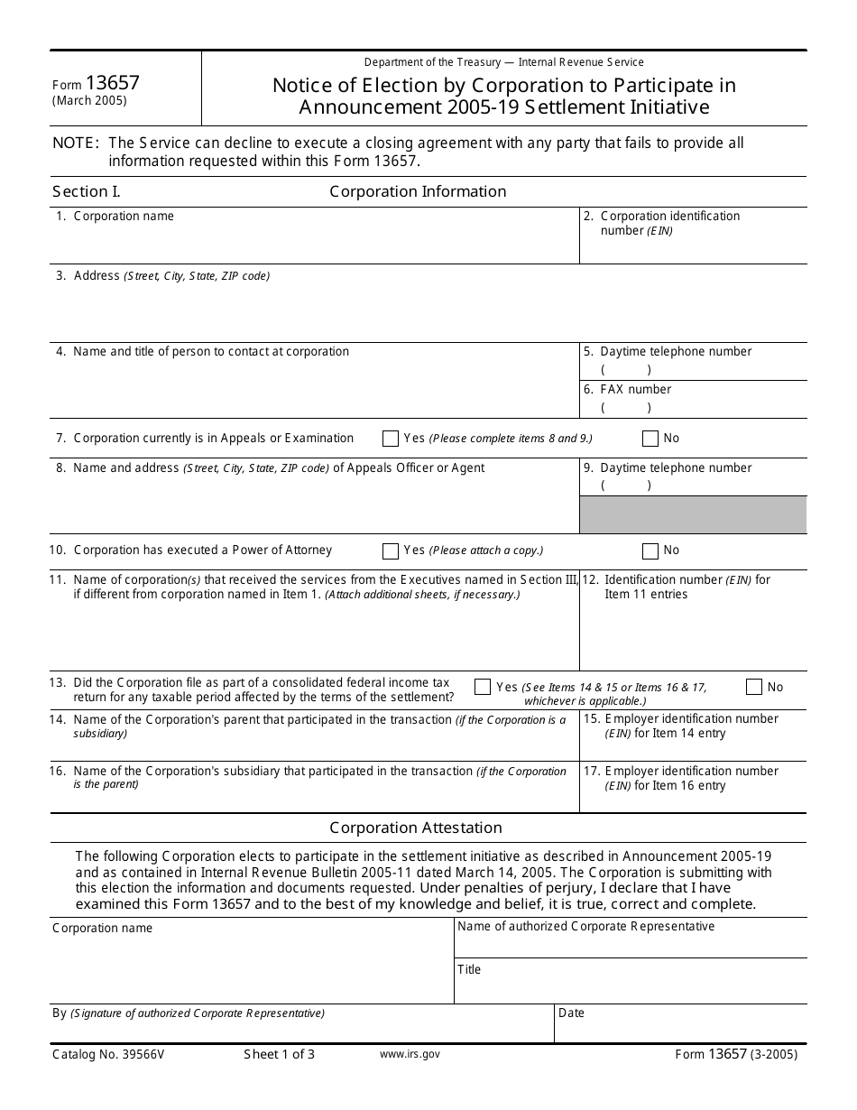 IRS Form 13657 Notice of Election by Corporation to Participate in Announcement 2005-19 Settlement Initiative, Page 1