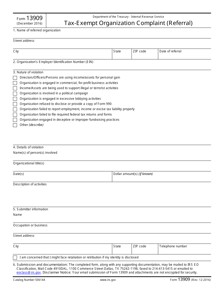 IRS Form 13909 Tax-Exempt Organization Complaint (Referral), Page 1