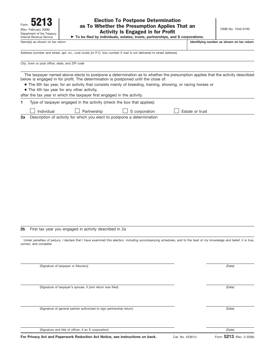 IRS Form 5213 Election to Postpone Determination as to Whether the Presumption Applies That an Activity Is Engaged in for Profit, Page 1