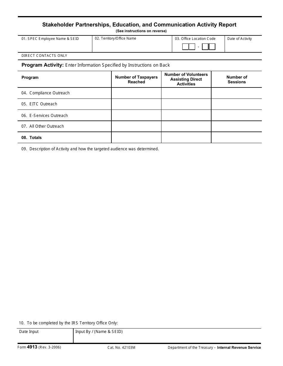 IRS Form 4913 Taxpayer Education Statistical Report, Page 1