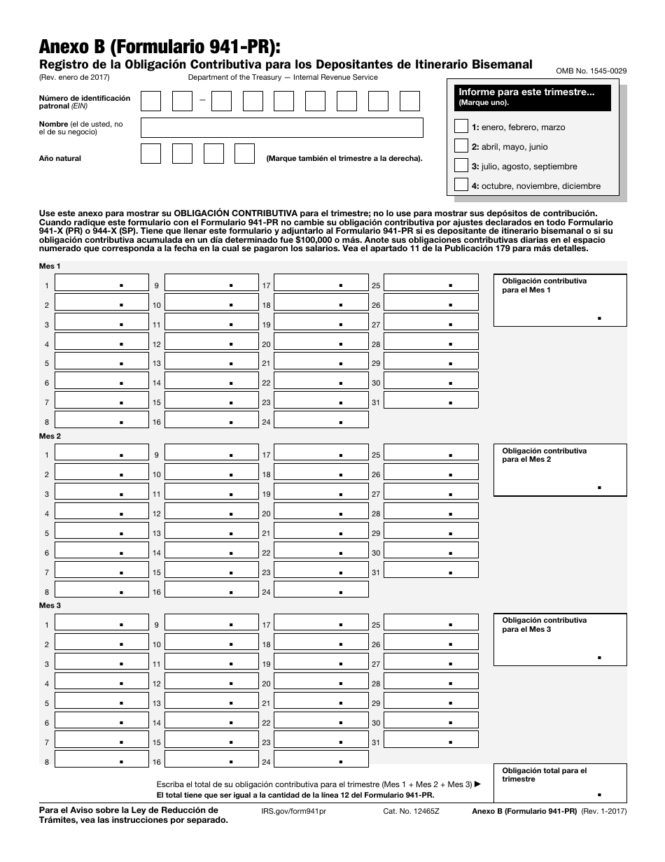 IRS Formulario 941-PR Anexo B Registro De La Obligacion Contributiva Para Los Depositantes De Itinerario Bisemanal (Spanish), Page 1