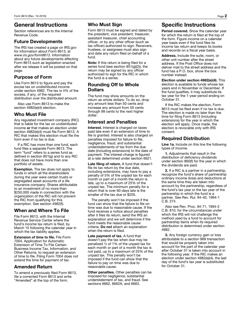 IRS Form 8613 Return of Excise Tax on Undistributed Income of Regulated Investment Companies, Page 2
