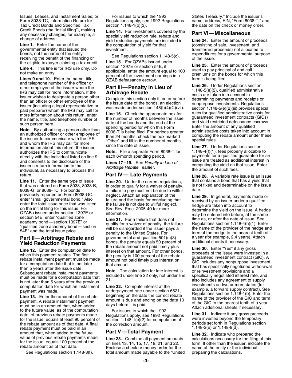 Instructions for IRS Form 8038-T Arbitrage Rebate, Yield Reduction and Penalty in Lieu of Arbitrage Rebate, Page 3