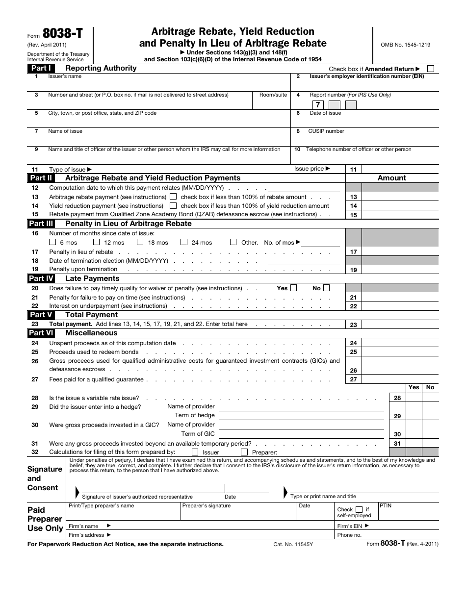 IRS Form 8038 T Download Fillable PDF Or Fill Online Arbitrage Rebate 