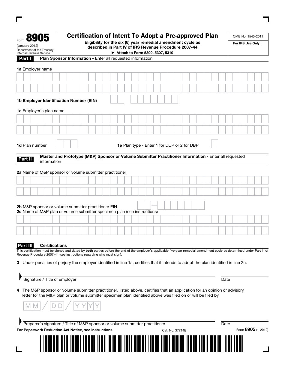 IRS Form 8905 Certification of Intent to Adopt a Pre-approved Plan, Page 1