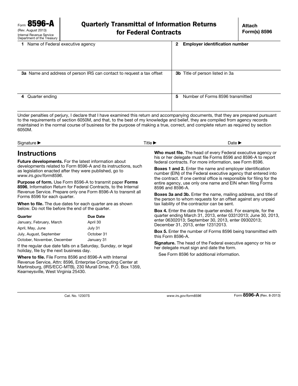 IRS Form 8596-A Quarterly Transmittal of Information Returns for Federal Contracts, Page 1
