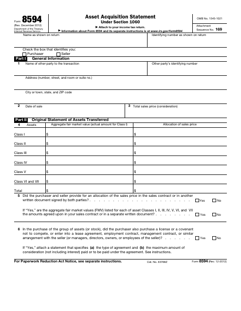 IRS Form 8594  Printable Pdf