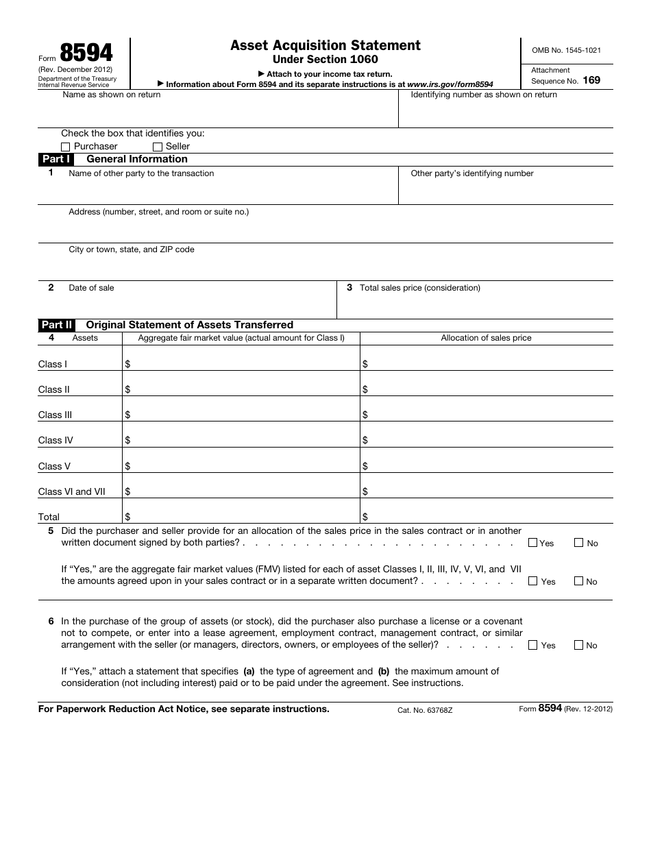 IRS Form 8594 Asset Acquisition Statement Under Section 1060, Page 1