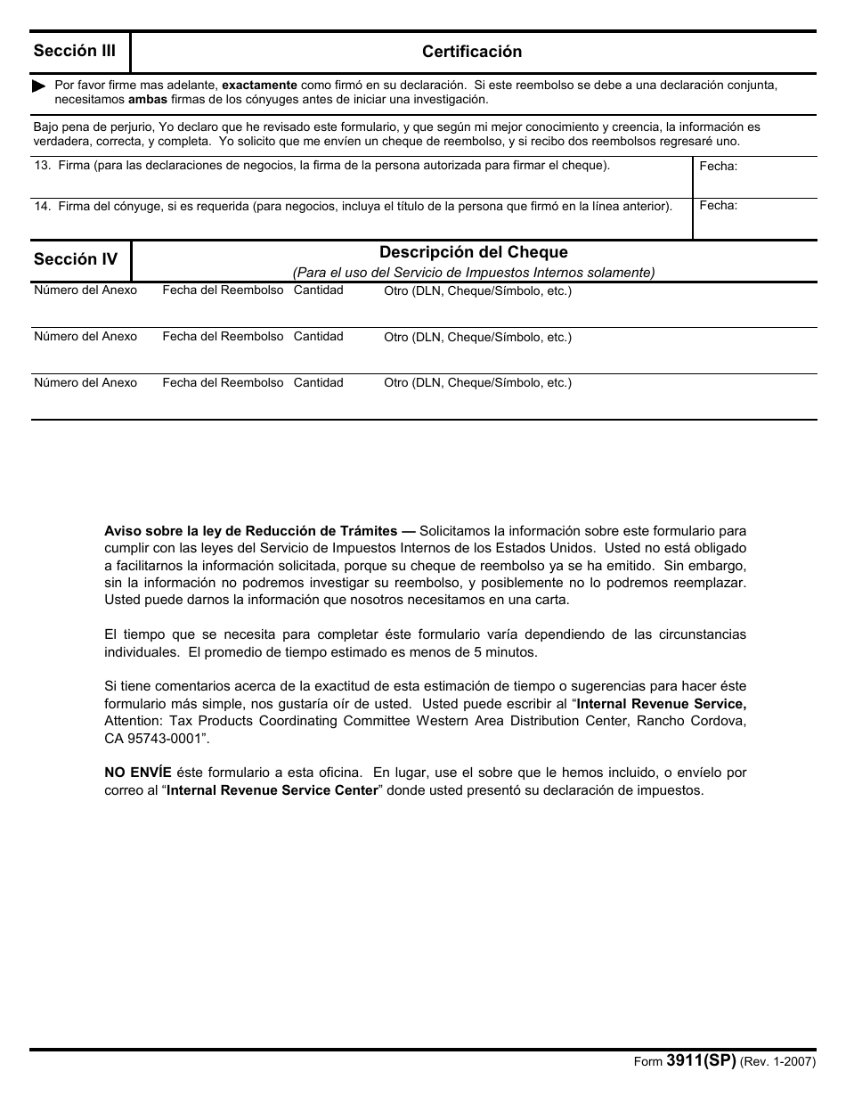 IRS Formulario 3911(SP) Declaracion Del Contribuyente Sobre El Reembolso (Spanish), Page 2