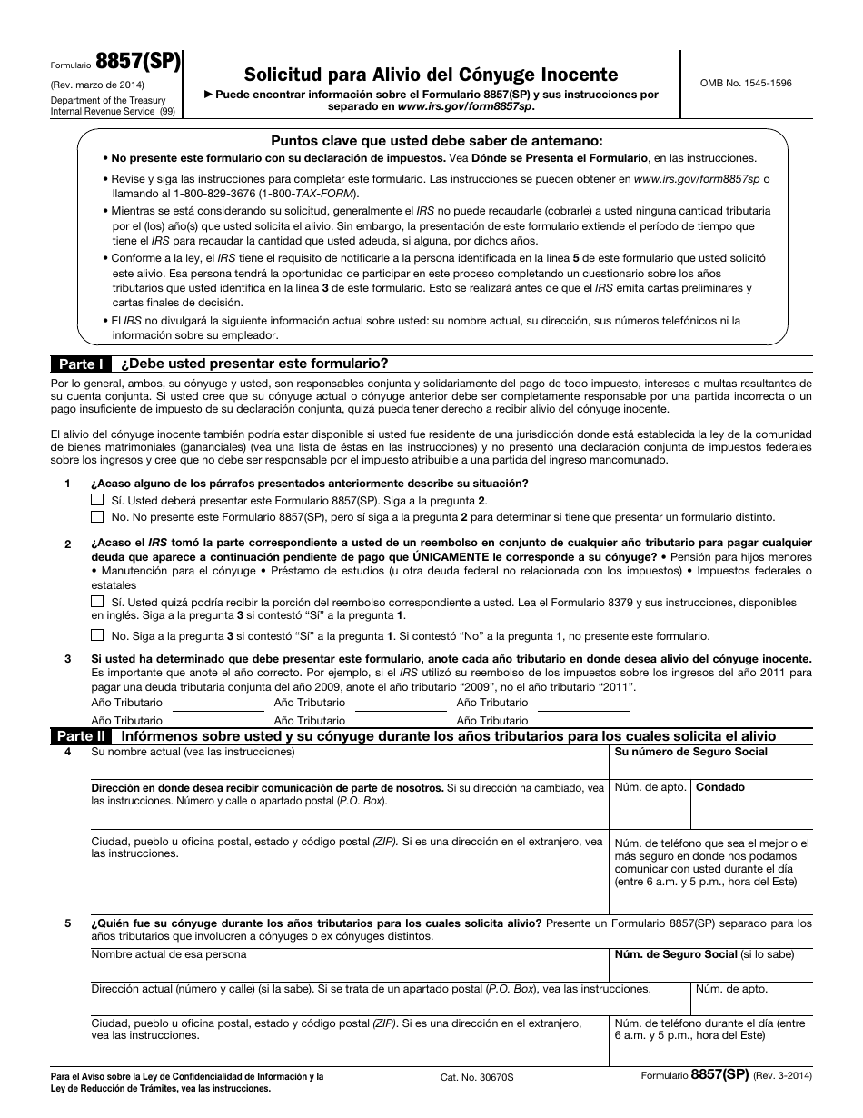 IRS Formulario 8857(SP) Solicitud Para Alivio Del Conyuge Inocente (Spanish), Page 1