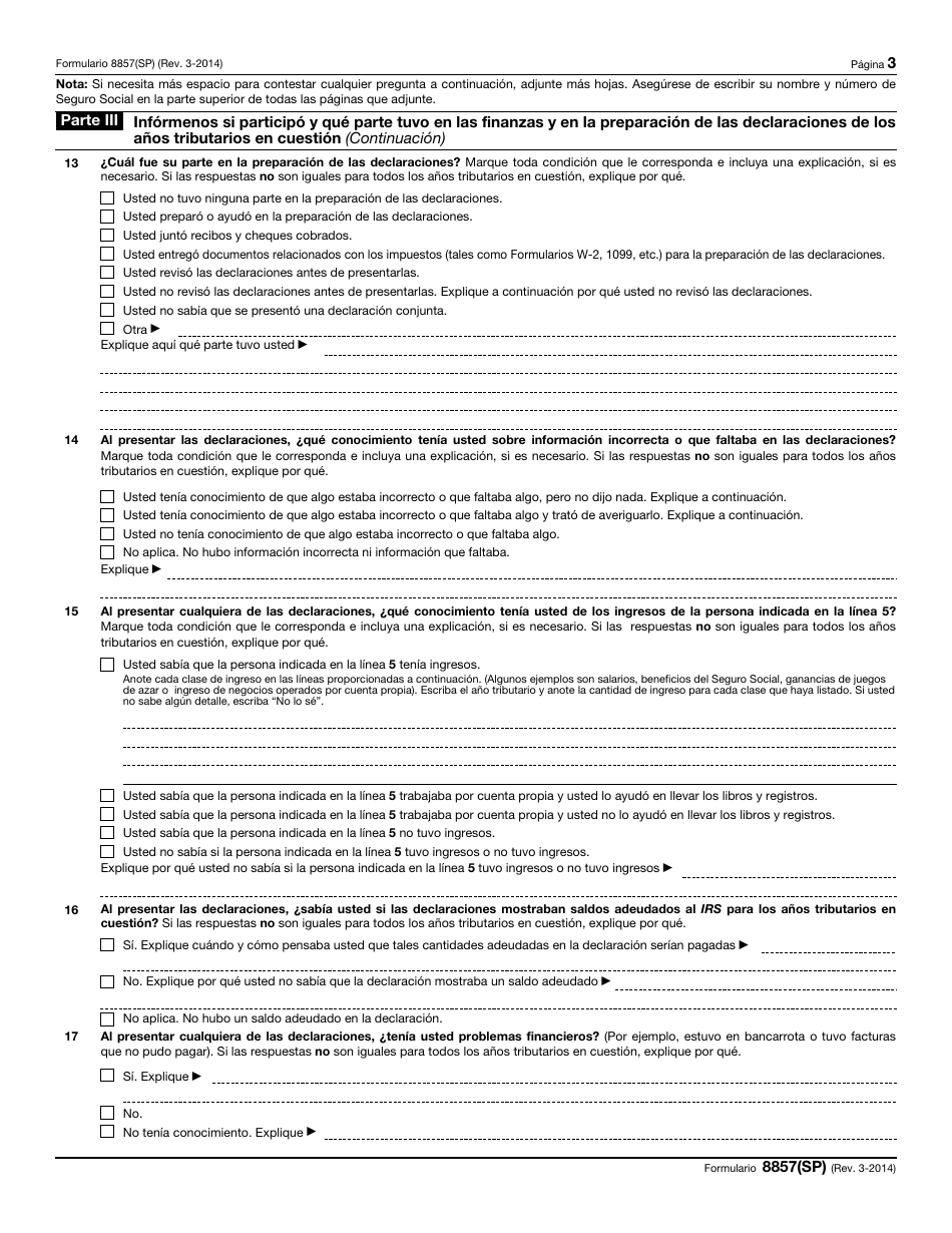 IRS Formulario 8857(SP) Solicitud Para Alivio Del Conyuge Inocente (Spanish), Page 3