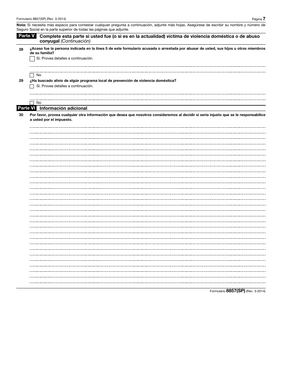 IRS Formulario 8857(SP) Solicitud Para Alivio Del Conyuge Inocente (Spanish), Page 7