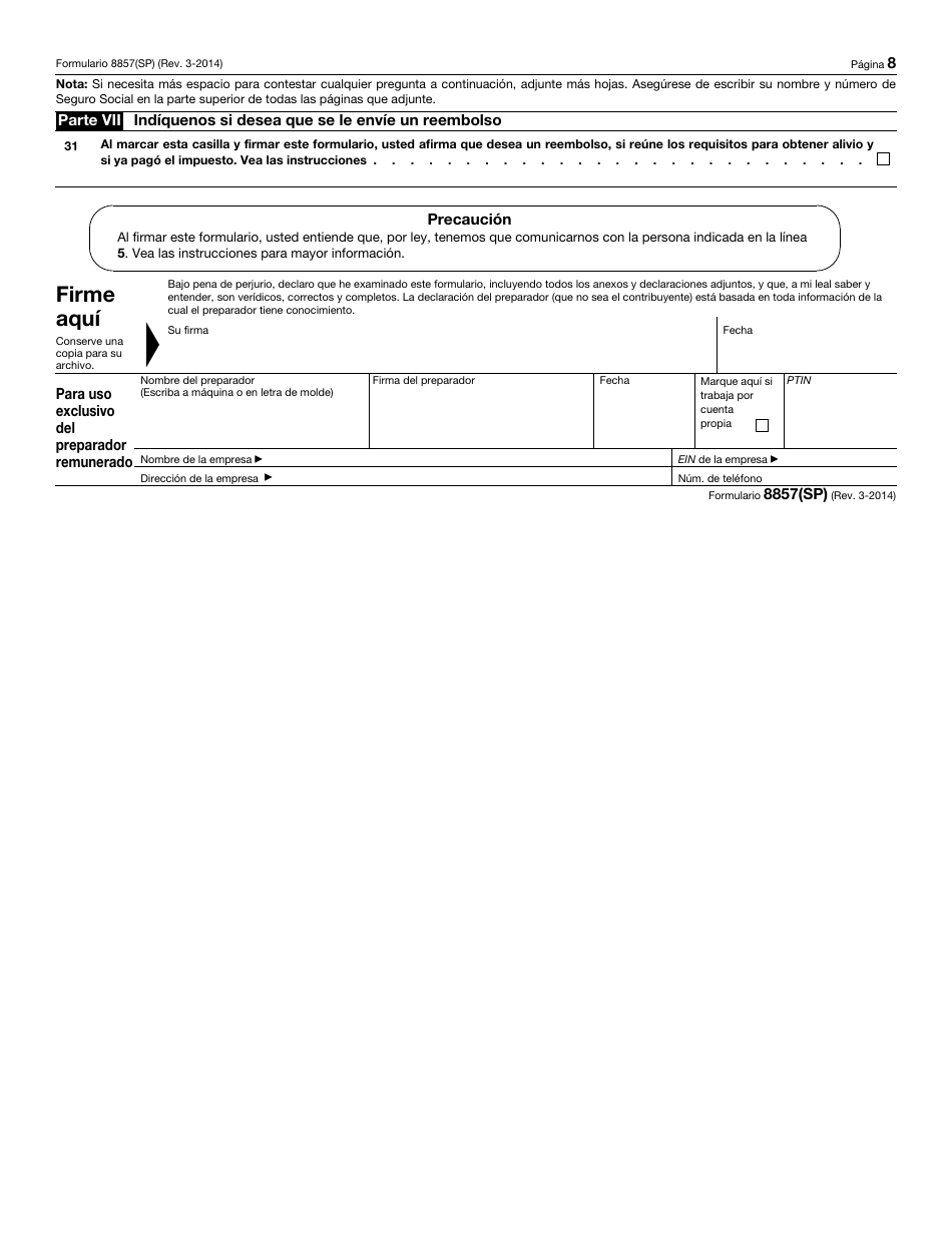 IRS Formulario 8857(SP) Solicitud Para Alivio Del Conyuge Inocente (Spanish), Page 8