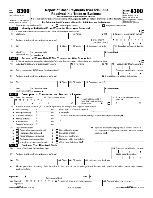 IRS Form 8300 (FinCEN Form 8300)  Printable Pdf