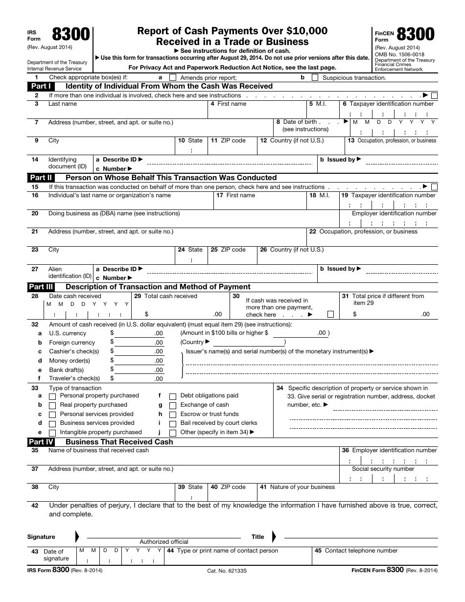 IRS Form 8300 (FinCEN Form 8300) Report of Cash Payments Over 10,000 Dollars Received in a Trade or Business, Page 1