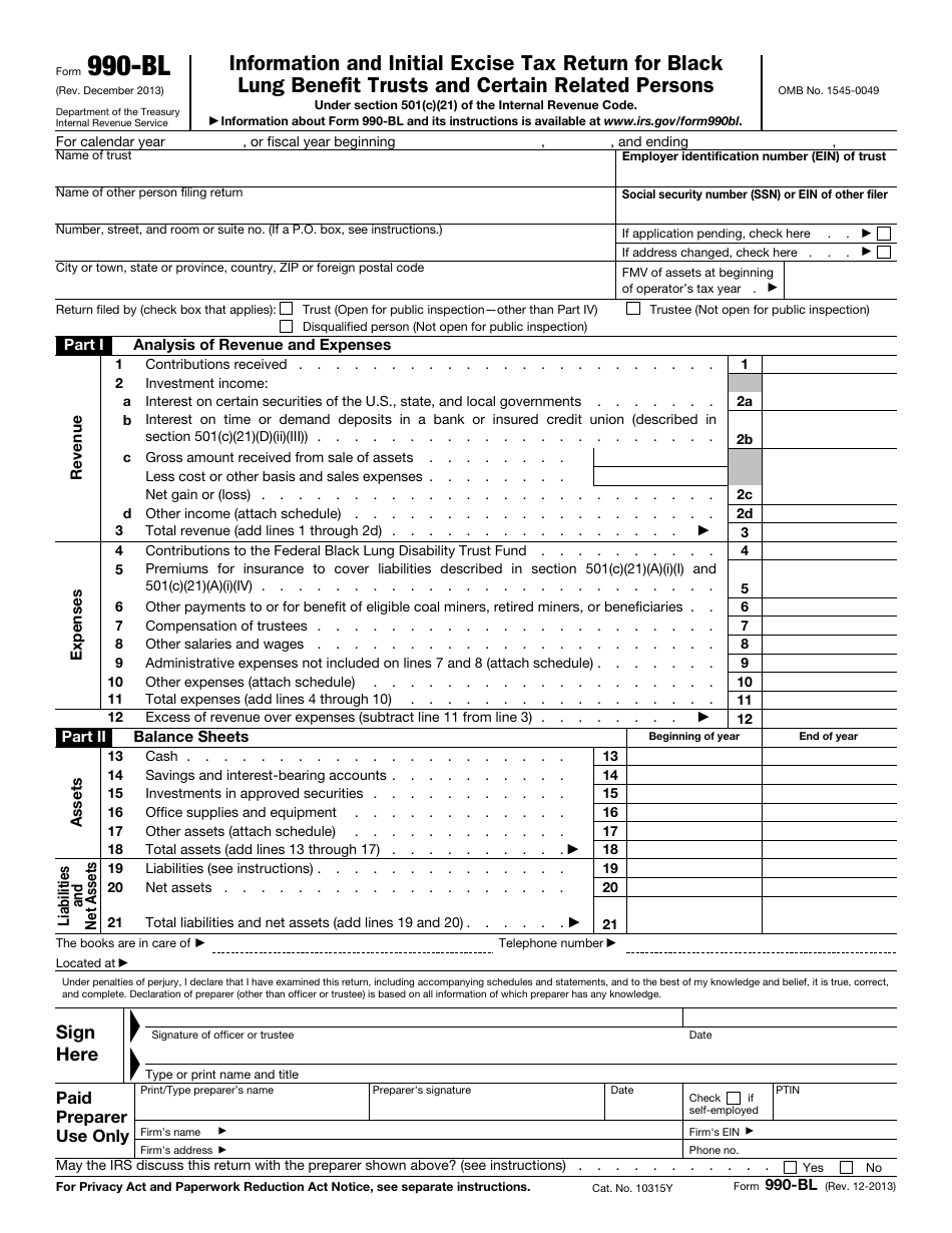 IRS Form 990-BL Information and Initial Excise Tax Return for Black Lung Benefit Trusts and Certain Related Persons, Page 1
