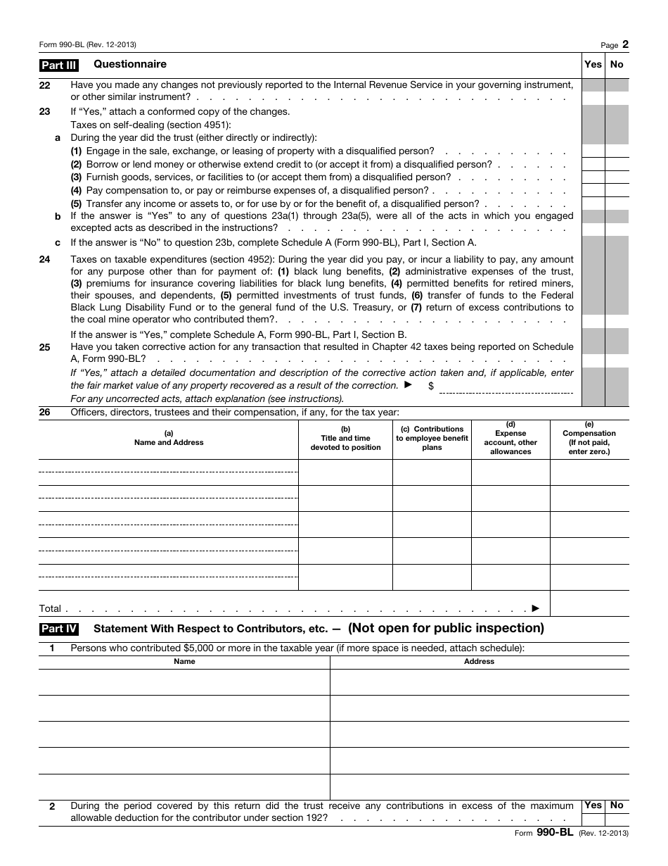 IRS Form 990-BL Information and Initial Excise Tax Return for Black Lung Benefit Trusts and Certain Related Persons, Page 2