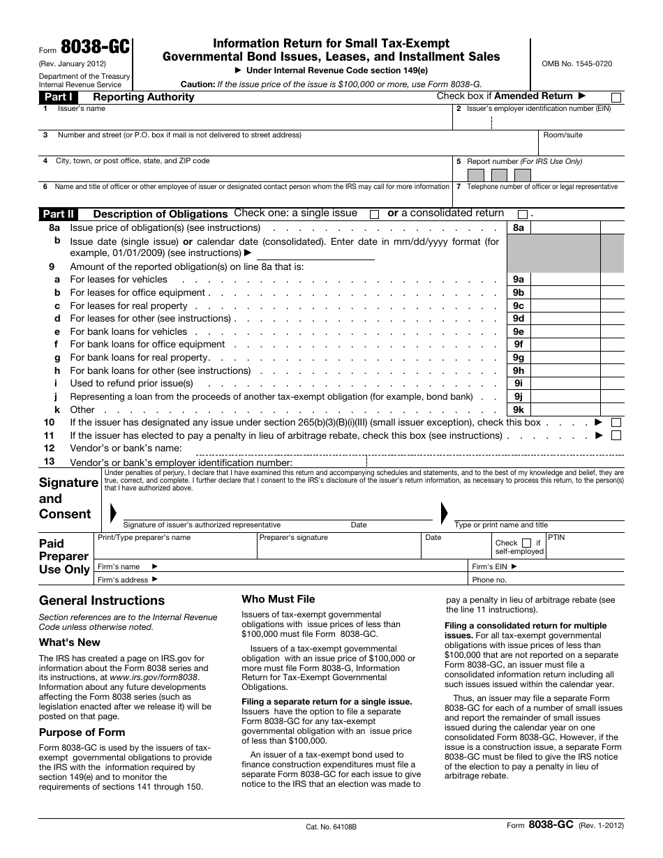 IRS Form 8038-GC Information Return for Small Tax-Exempt Governmental Bond Issues, Leases, and Installment Sales, Page 1