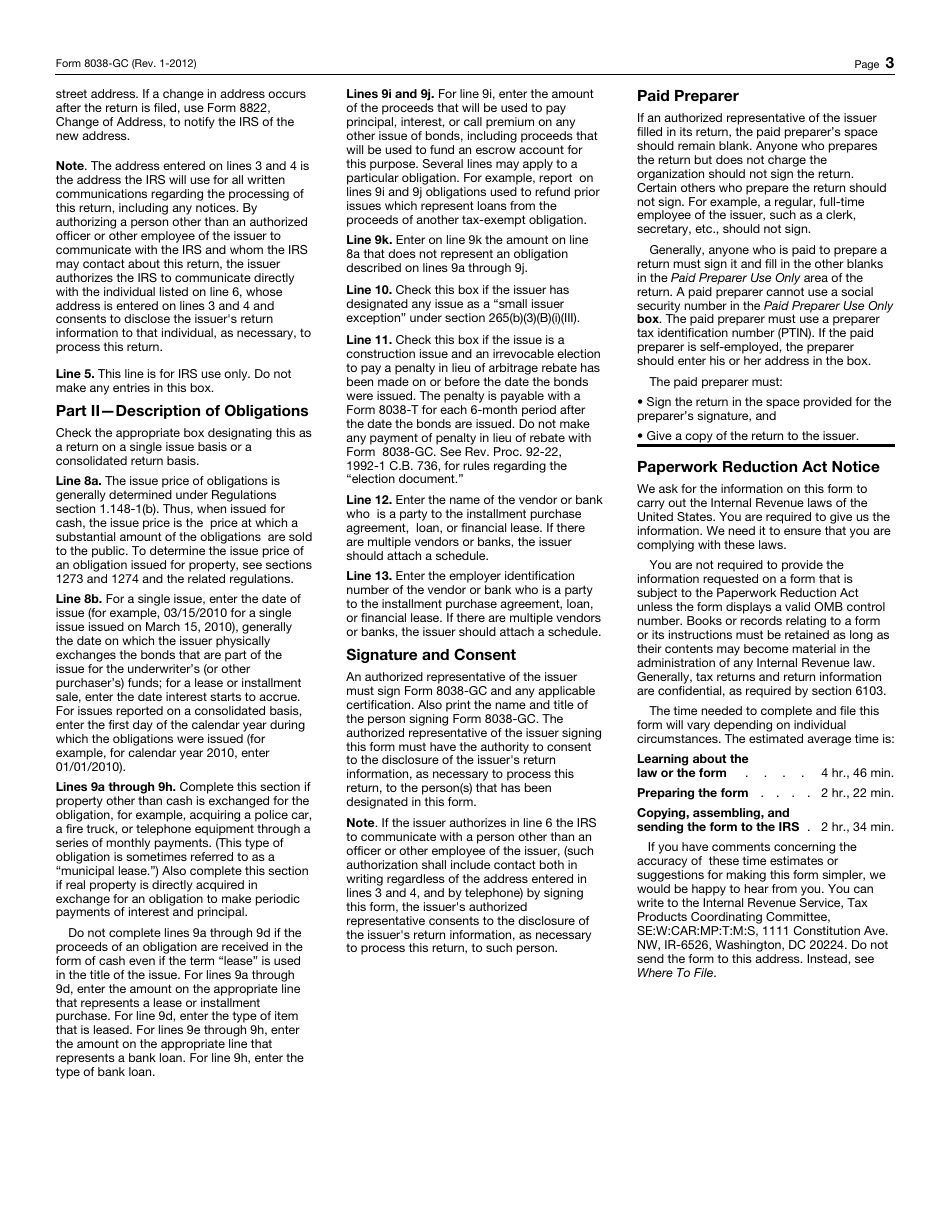 IRS Form 8038-GC Information Return for Small Tax-Exempt Governmental Bond Issues, Leases, and Installment Sales, Page 3