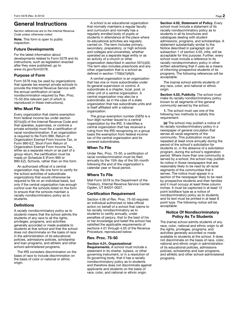 IRS Form 5578 Annual Certification of Racial Nondiscrimination for a Private School Exempt From Federal Income Tax, Page 2
