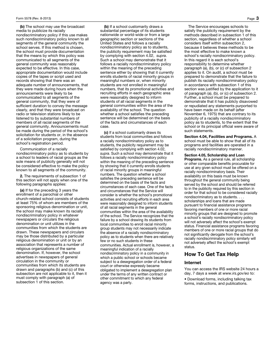 IRS Form 5578 Annual Certification of Racial Nondiscrimination for a Private School Exempt From Federal Income Tax, Page 3