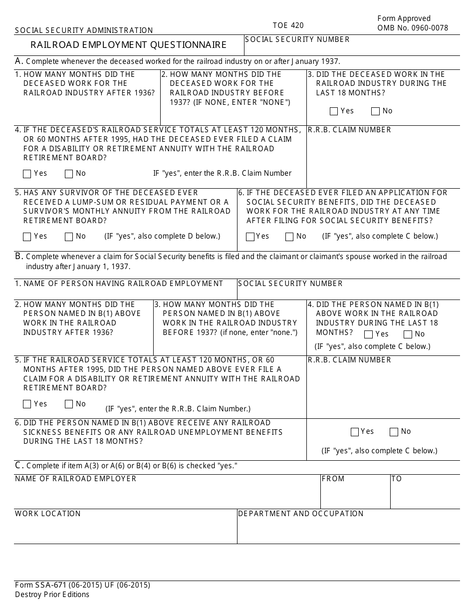 Form SSA-671 Railroad Employment Questionnaire, Page 1