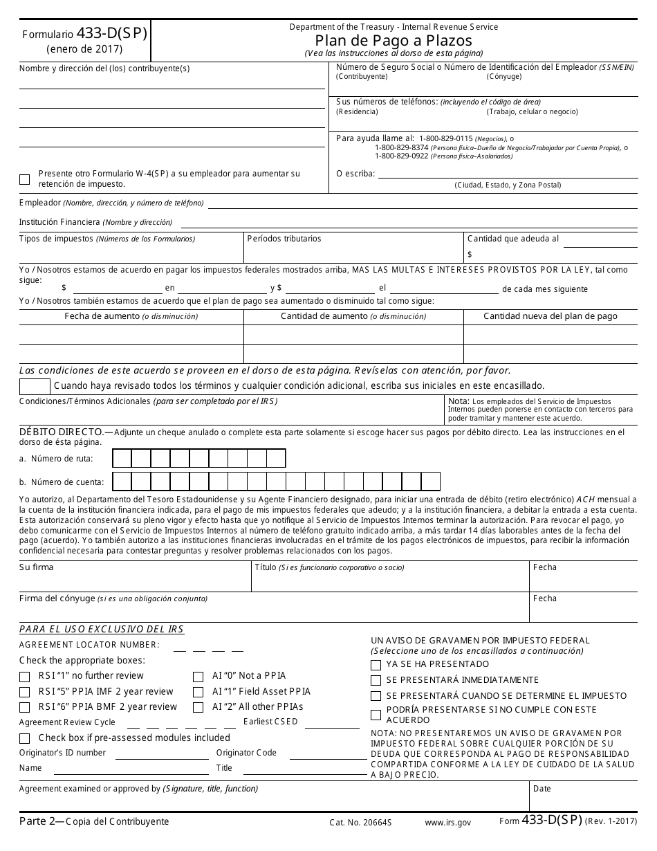 IRS Formulario 433-D(SP) Plan De Pago a Plazos (Spanish), Page 3
