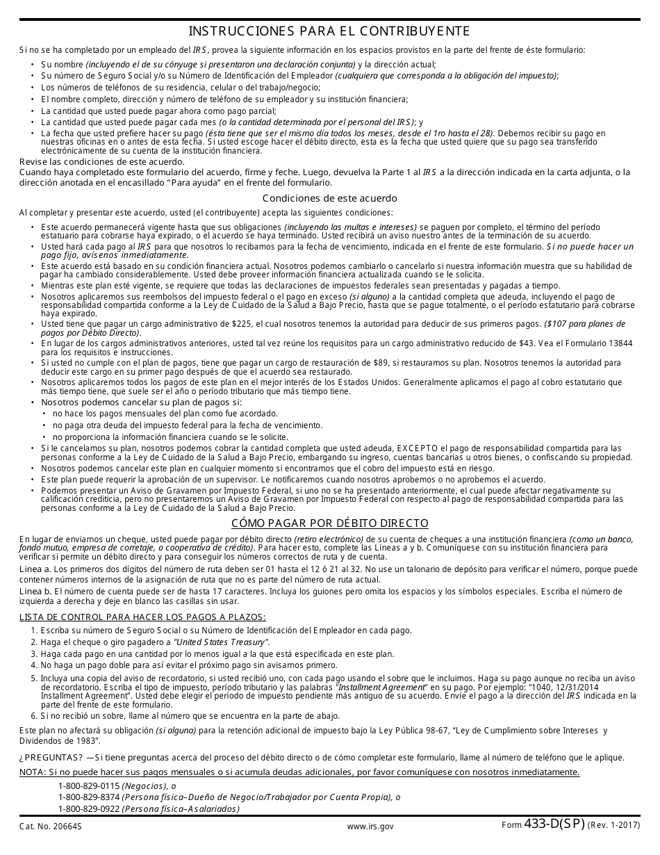 IRS Formulario 433-D(SP) Plan De Pago a Plazos (Spanish), Page 4