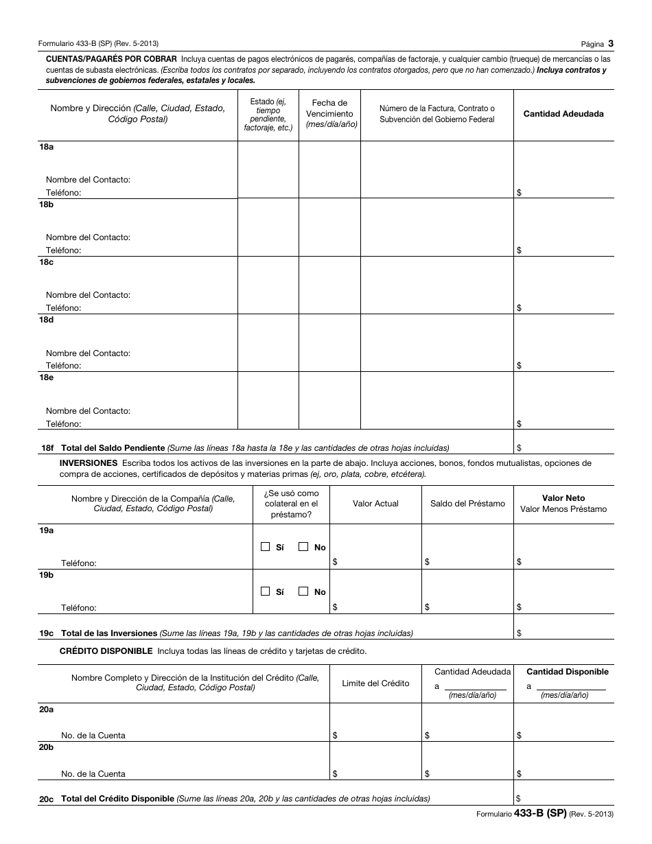 IRS Formulario 433-B (SP) Informacion De Cobro Para Los Negocios (Spanish), Page 3