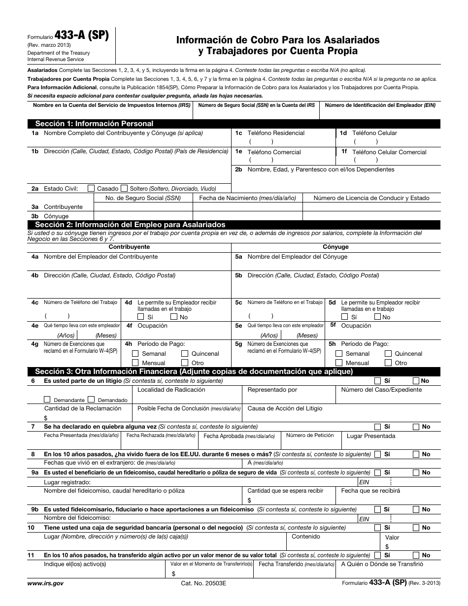 IRS Formulario 433-A (SP) Informacion De Cobro Para Los Asalariados Y Trabajadores Por Cuenta Propia (Spanish), Page 1