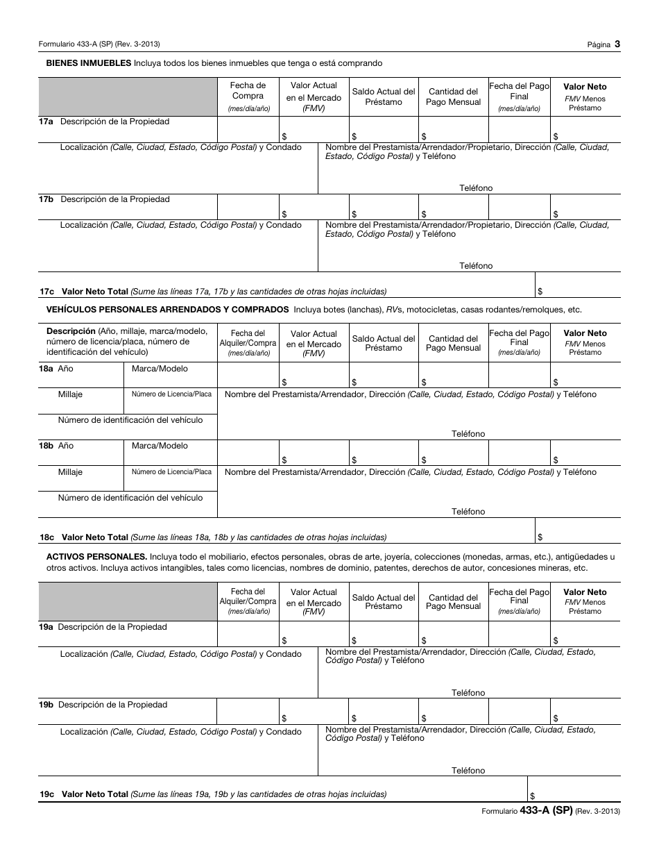 IRS Formulario 433-A (SP) Informacion De Cobro Para Los Asalariados Y Trabajadores Por Cuenta Propia (Spanish), Page 3