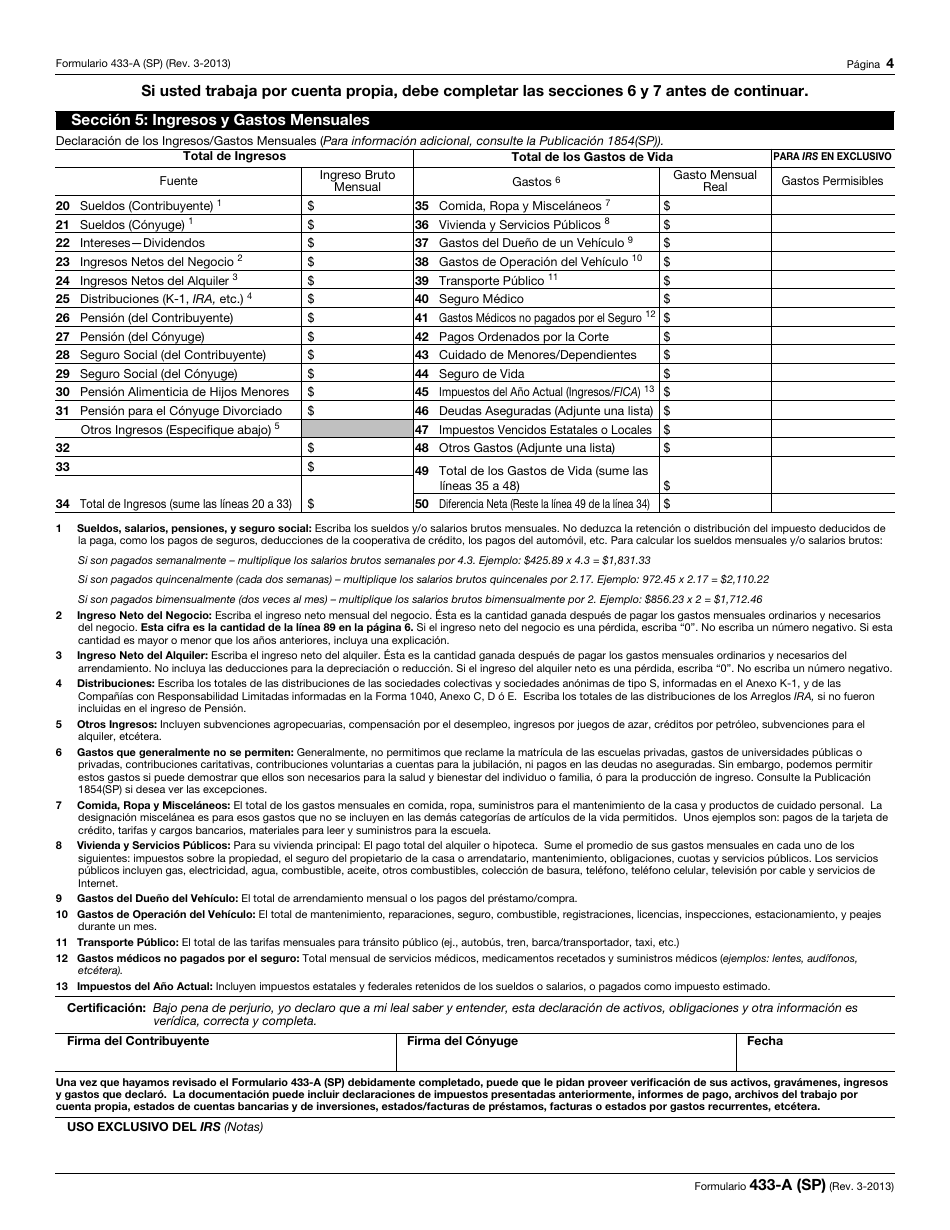 IRS Formulario 433-A (SP) Informacion De Cobro Para Los Asalariados Y Trabajadores Por Cuenta Propia (Spanish), Page 4