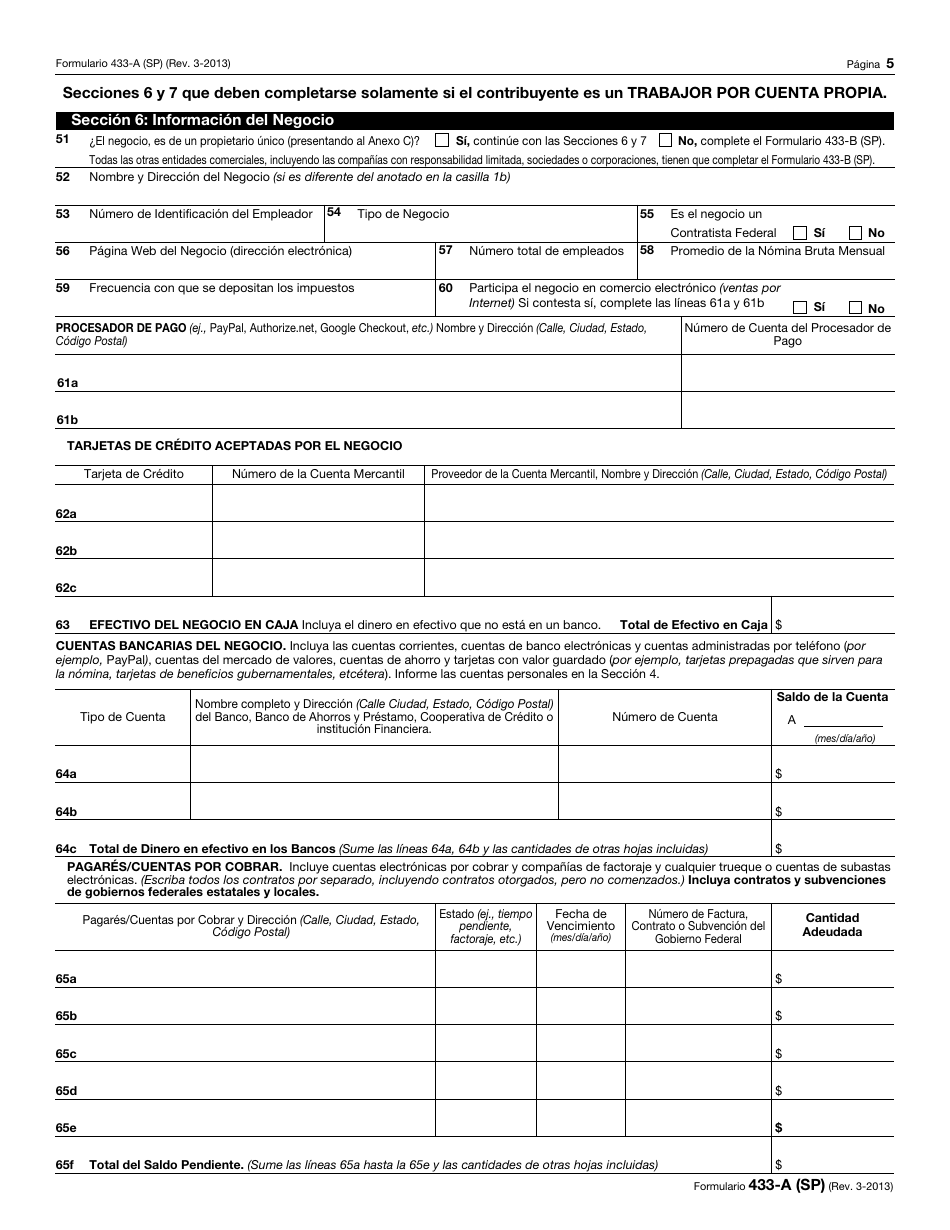 IRS Formulario 433-A (SP) Informacion De Cobro Para Los Asalariados Y Trabajadores Por Cuenta Propia (Spanish), Page 5
