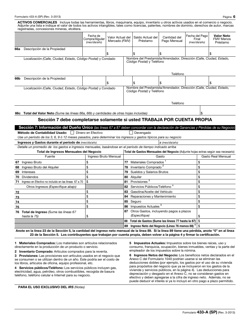 IRS Formulario 433-A (SP) Informacion De Cobro Para Los Asalariados Y Trabajadores Por Cuenta Propia (Spanish), Page 6