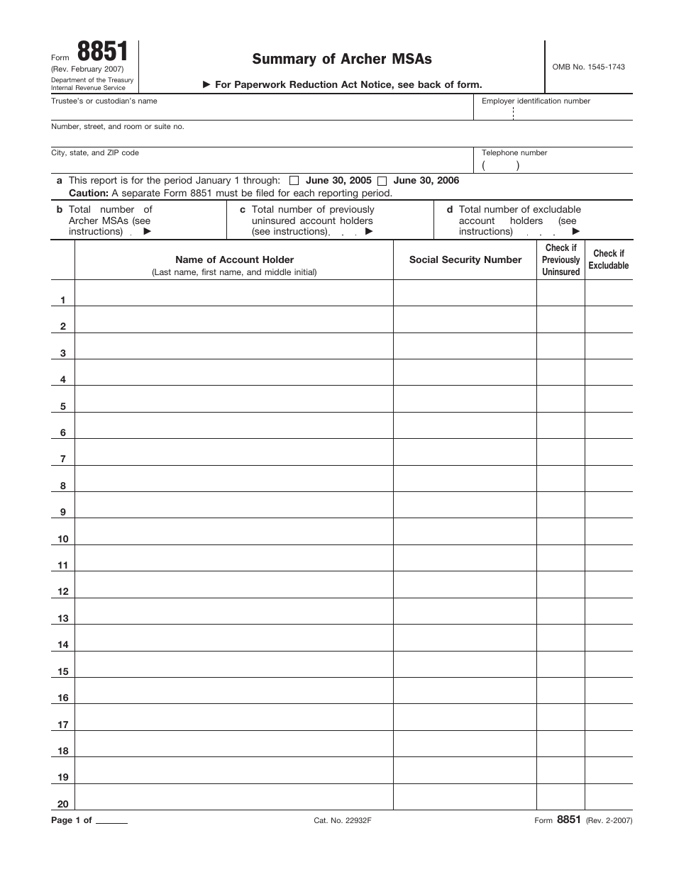 IRS Form 8851 Summary of Archer Msas, Page 1