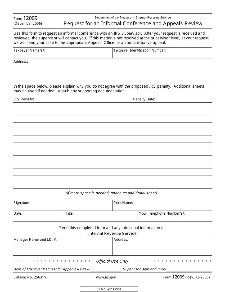 IRS Form 12009 Request for an Informal Conference and Appeals Review, Page 1